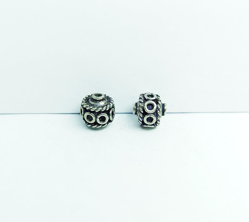 Handcrafted Silver Overlay Over Copper barrel beads from India with rope detailing and antique silver finish for DIY jewelry.