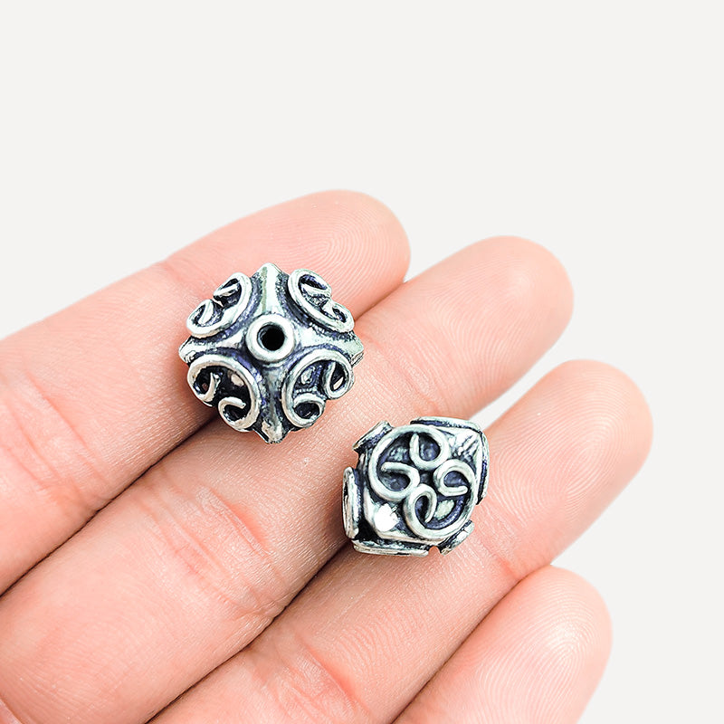 Handcrafted Silver Overlay Over Copper geometric cube beads from India with swirl detailing and antique silver finish for DIY jewelry.
