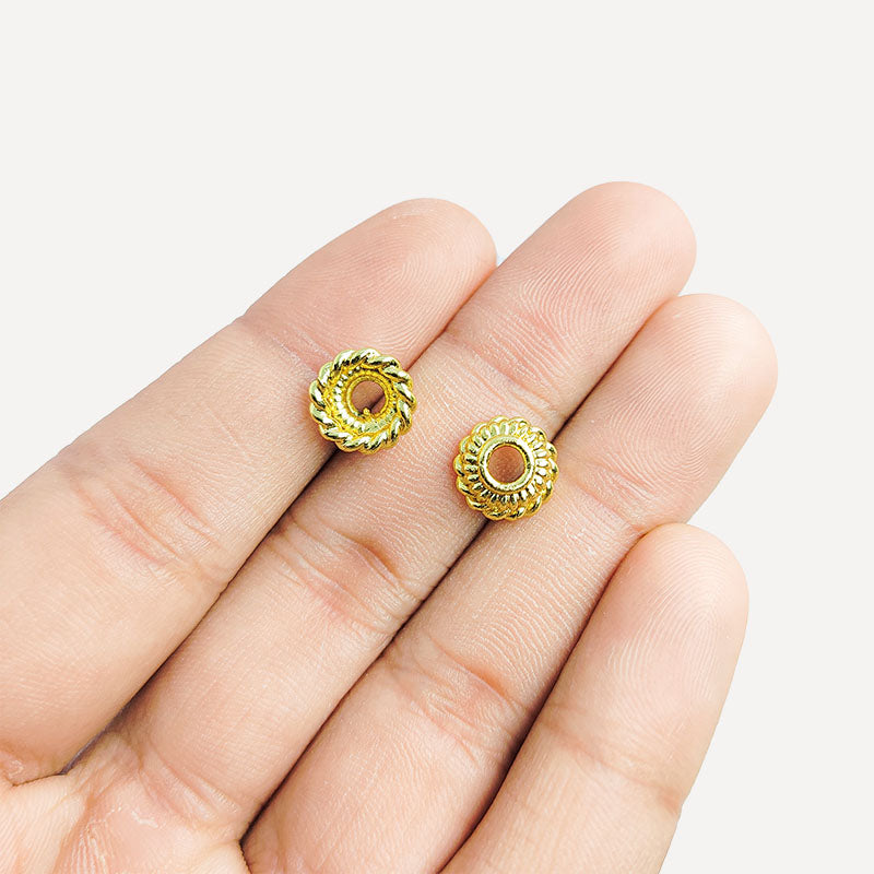 Elegant 18K Gold Overlay Over Copper rope pattern round bead cap, handcrafted artisan jewelry finding from India for necklaces and bracelets