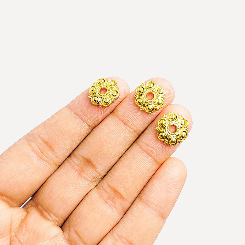 18K Gold Overlay Over Copper floral dome bead cap with decorative raised pattern, handmade jewelry component from India.