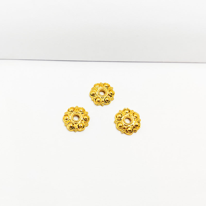18K Gold Overlay Over Copper floral dome bead cap with decorative raised pattern, handmade jewelry component from India.