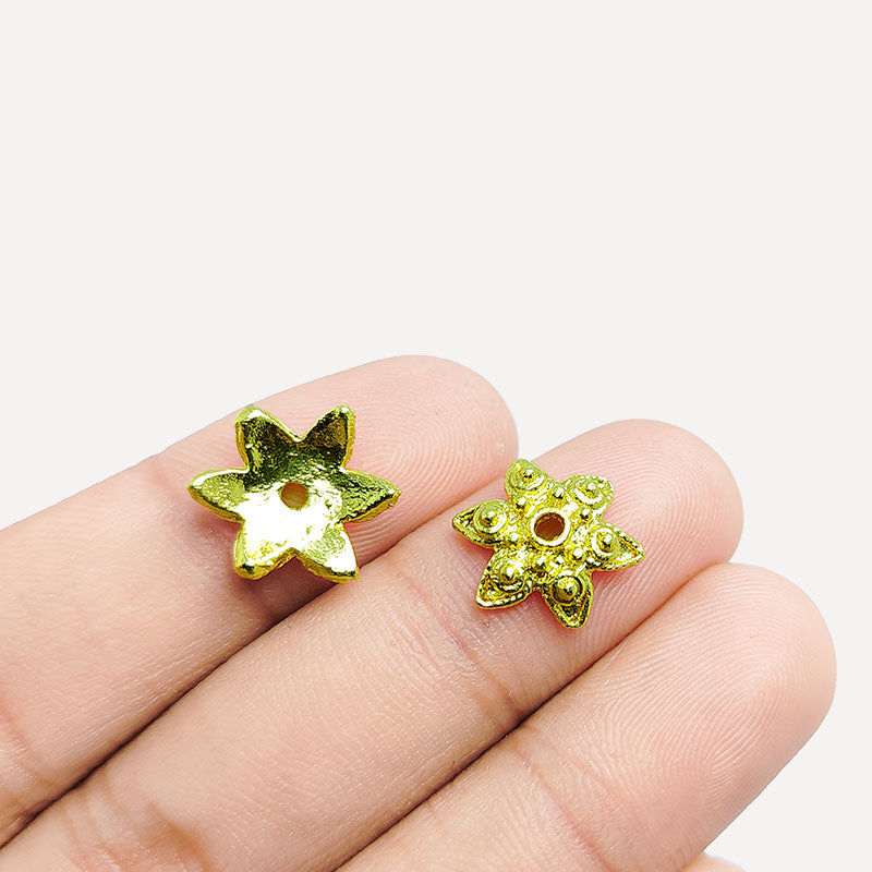 18K Gold Overlay Over Copper floral star bead cap with decorative detailing, handmade jewelry component from India.