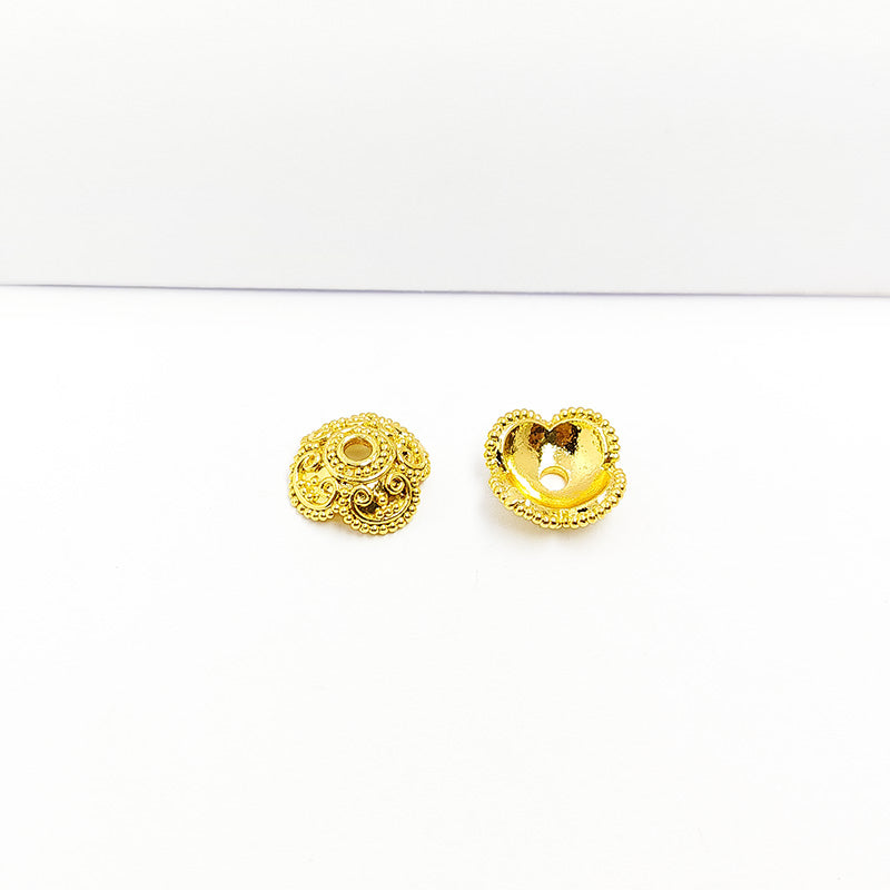 18K Gold Overlay Over Copper ornate scroll bead cap with vine detailing and beaded border, handmade jewelry component from India.