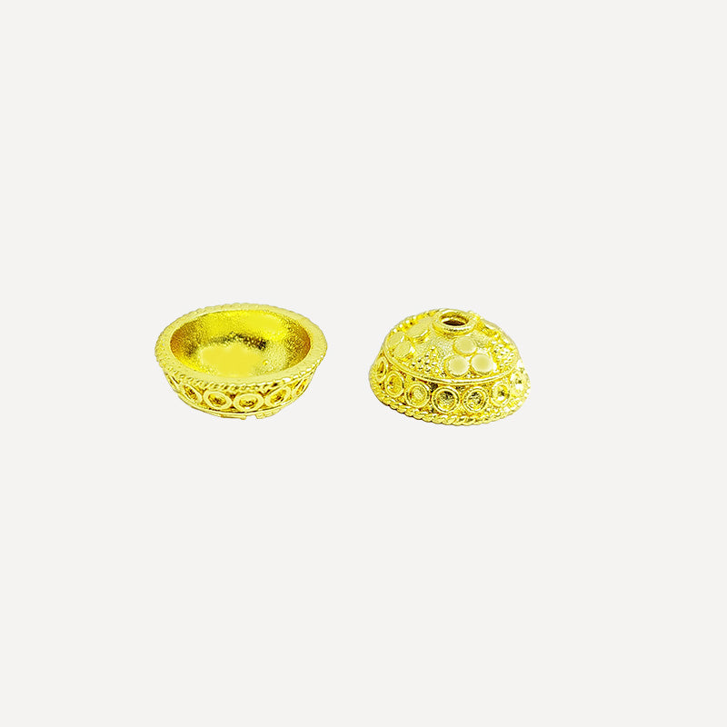 18K Gold Overlay Over Copper textured dome bead cap with hammered dot pattern, handmade jewelry making component from India.