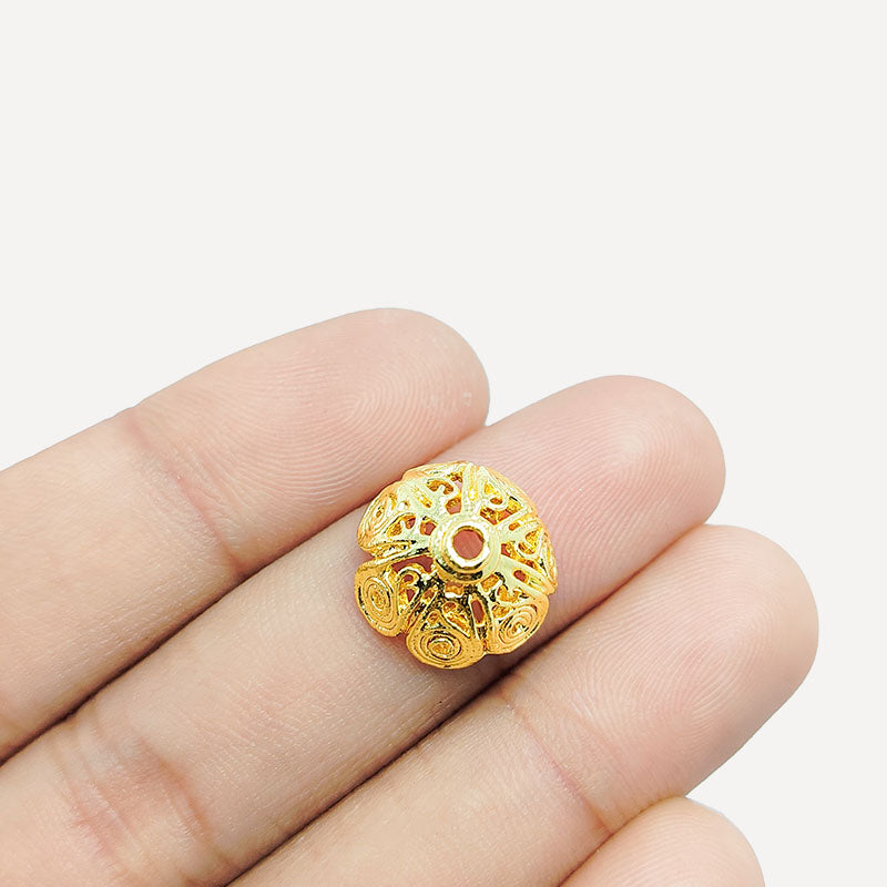 18K Gold Overlay Over Copper artistic spiral dome bead cap with rolled wire pattern, handmade jewelry component from India.