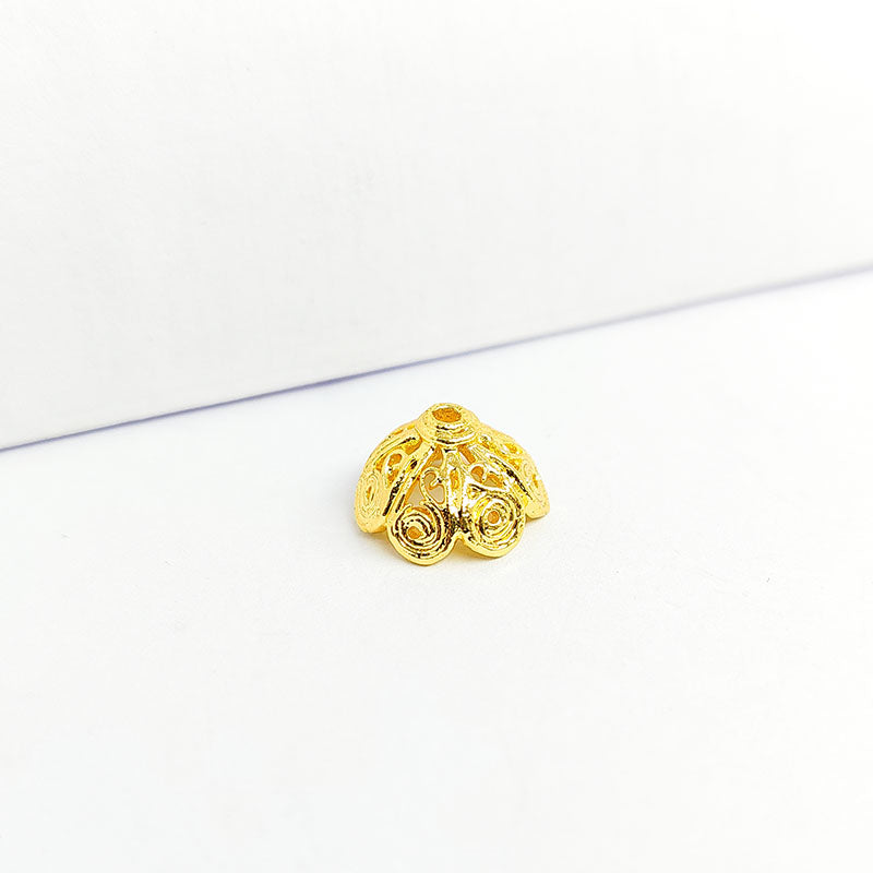 18K Gold Overlay Over Copper artistic spiral dome bead cap with rolled wire pattern, handmade jewelry component from India.