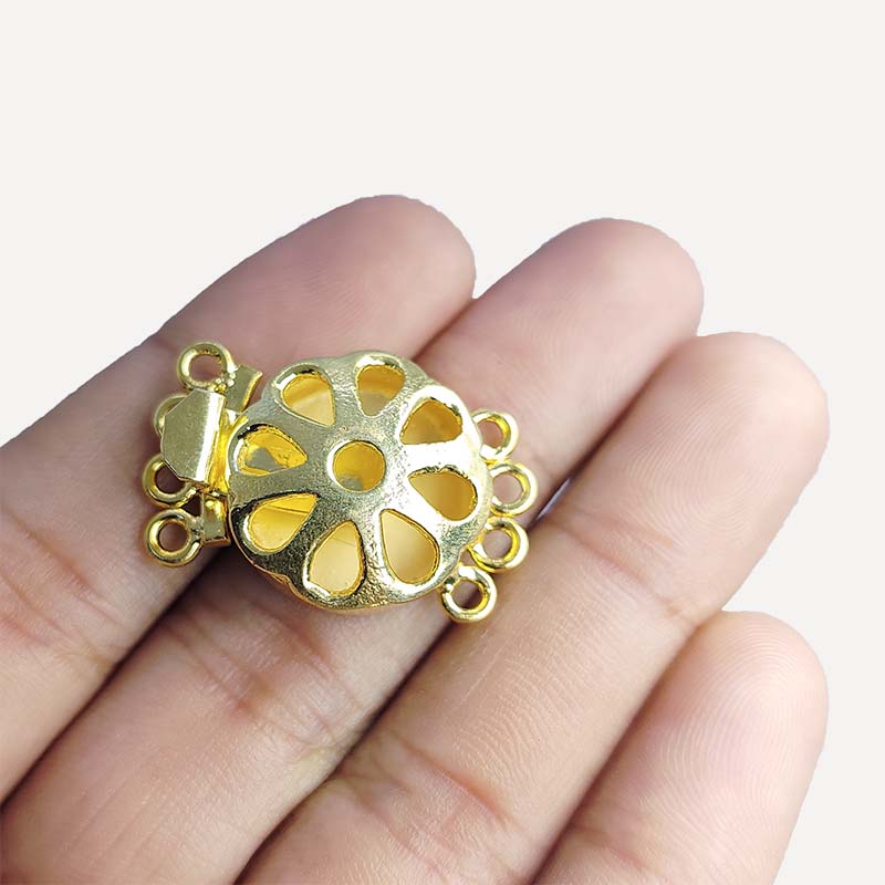 Elegant floral 4-hole multi strand jewelry clasp crafted with 18K Gold Overlay Over Copper, handcrafted in India for layered necklace designs.