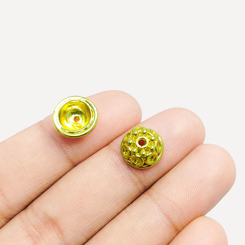 Round floral dome bead cap crafted with 18K Gold Overlay Over Copper, handcrafted in India, suitable for necklaces, earrings, and bracelets.