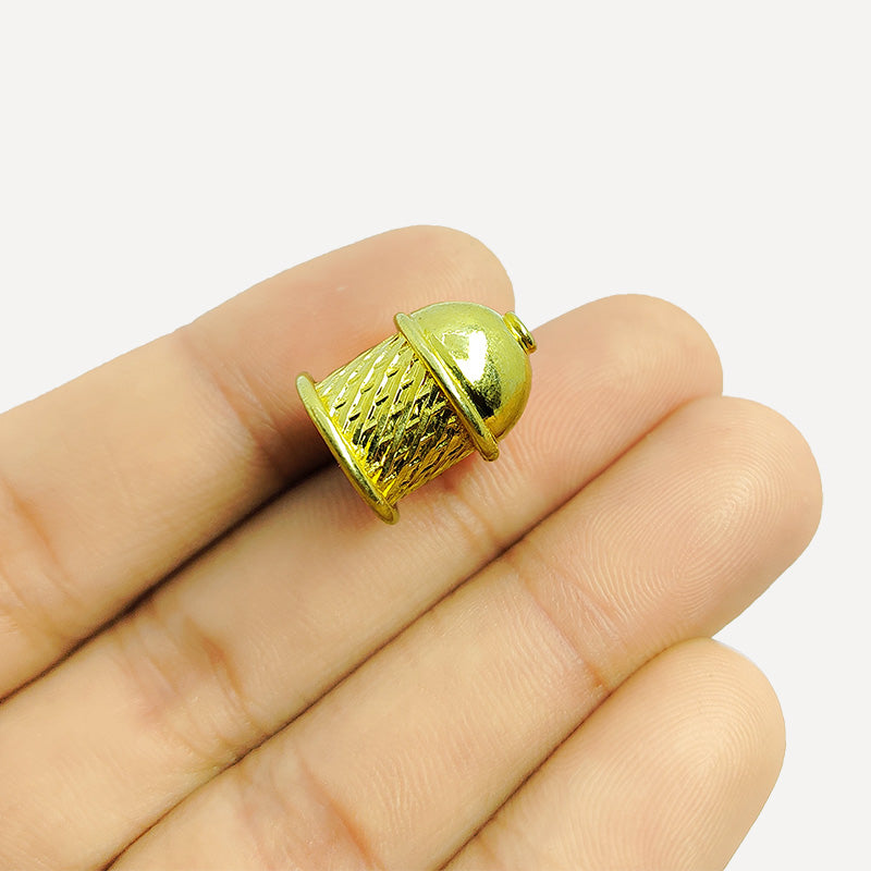 Diagonal textured cylinder dome bead cap crafted with 18K Gold Overlay Over Copper, handcrafted in India, suitable for traditional and statement jewelry.