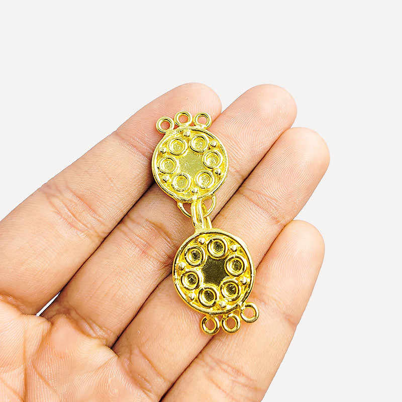 Elegant Double Disc Multi Strand Clasp With 3 Holes Handcrafted In India With 18K Gold Overlay Over Copper For Necklaces And Bracelets