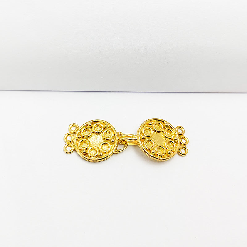 Elegant Double Disc Multi Strand Clasp With 3 Holes Handcrafted In India With 18K Gold Overlay Over Copper For Necklaces And Bracelets