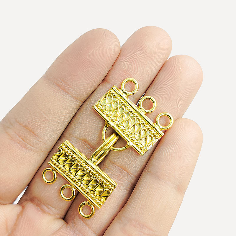 Elegant Rectangular Bar Multi Strand Clasp With 3 Holes Handcrafted In India With 18K Gold Overlay Over Copper For Necklaces And Bracelets