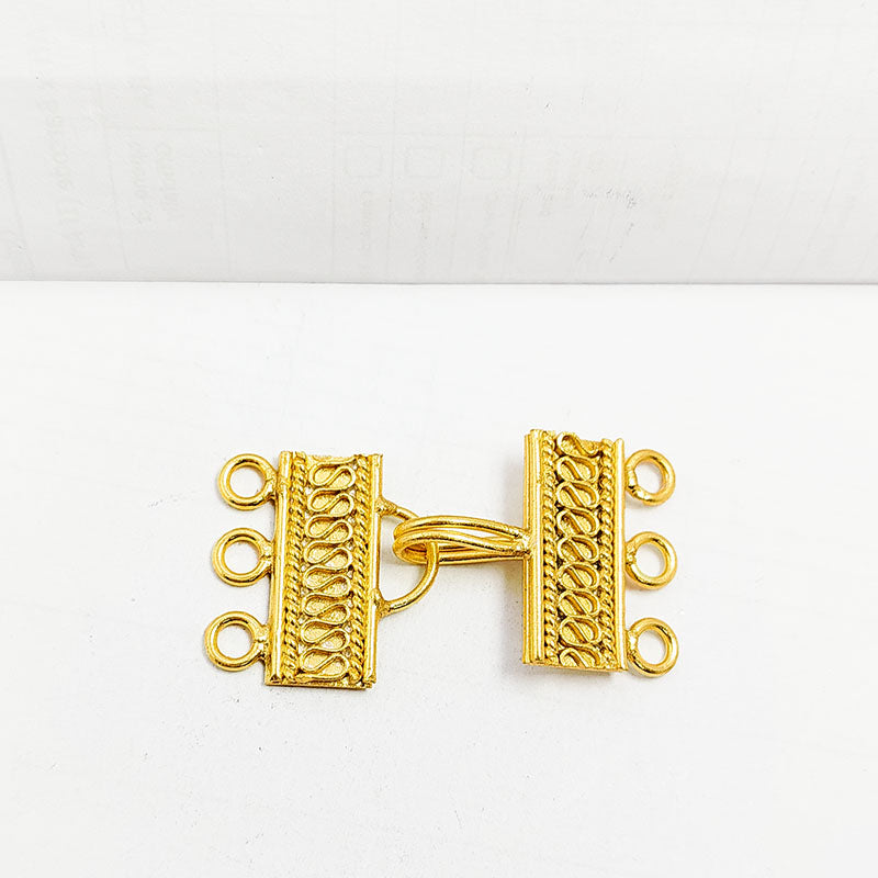 Elegant Rectangular Bar Multi Strand Clasp With 3 Holes Handcrafted In India With 18K Gold Overlay Over Copper For Necklaces And Bracelets