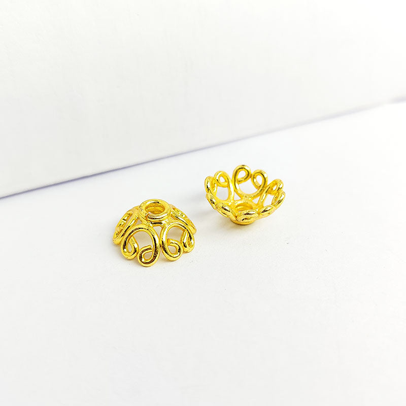 Floral Scroll Bead Cap With Single Hole Handcrafted In India With 18K Gold Overlay Over Copper For Jewelry Making