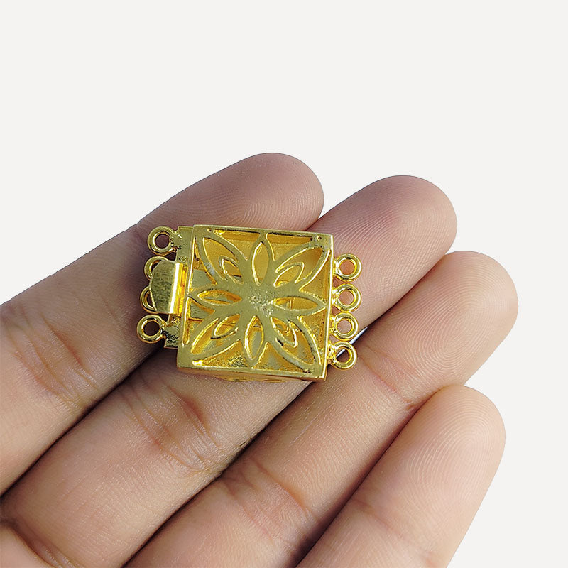 Floral square box jewelry clasp with 4-hole multi strand design in 18K Gold Overlay Over Copper, handcrafted in India.