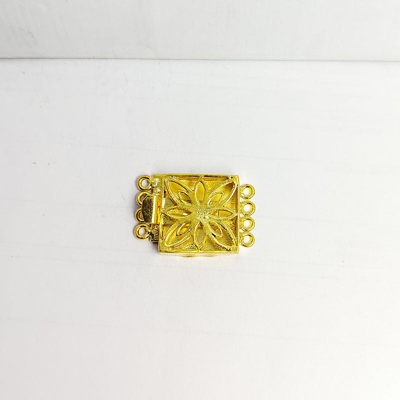 Floral square box jewelry clasp with 4-hole multi strand design in 18K Gold Overlay Over Copper, handcrafted in India.