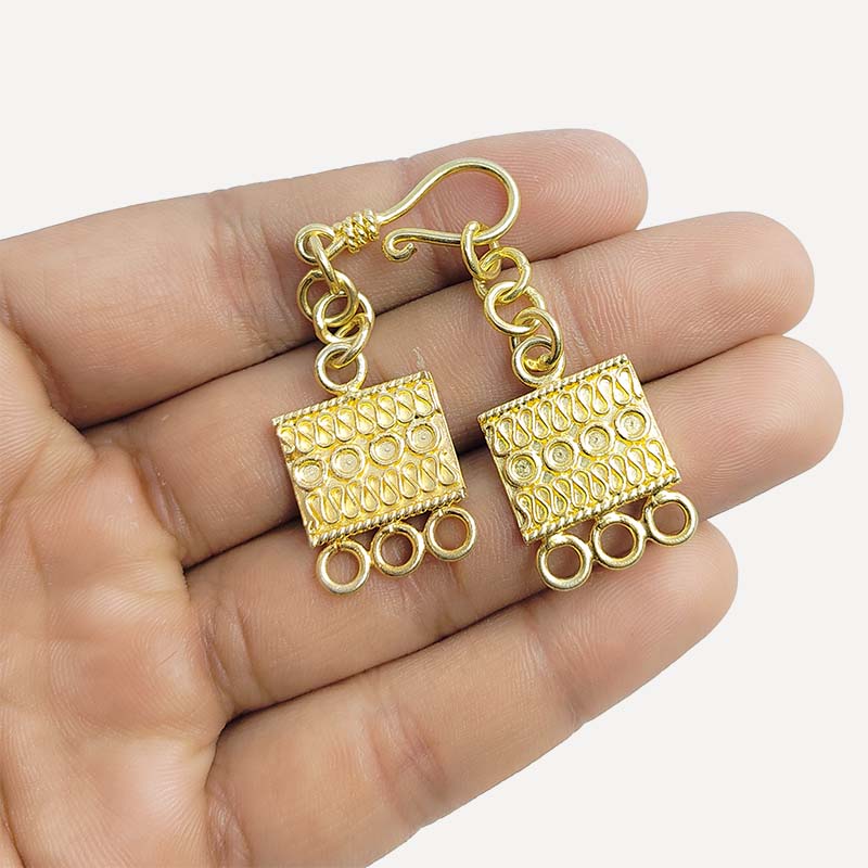 Engraved multi strand clasp with 3 holes and hook, 18K Gold Overlay Over Copper, handcrafted in India for necklaces and bracelets.