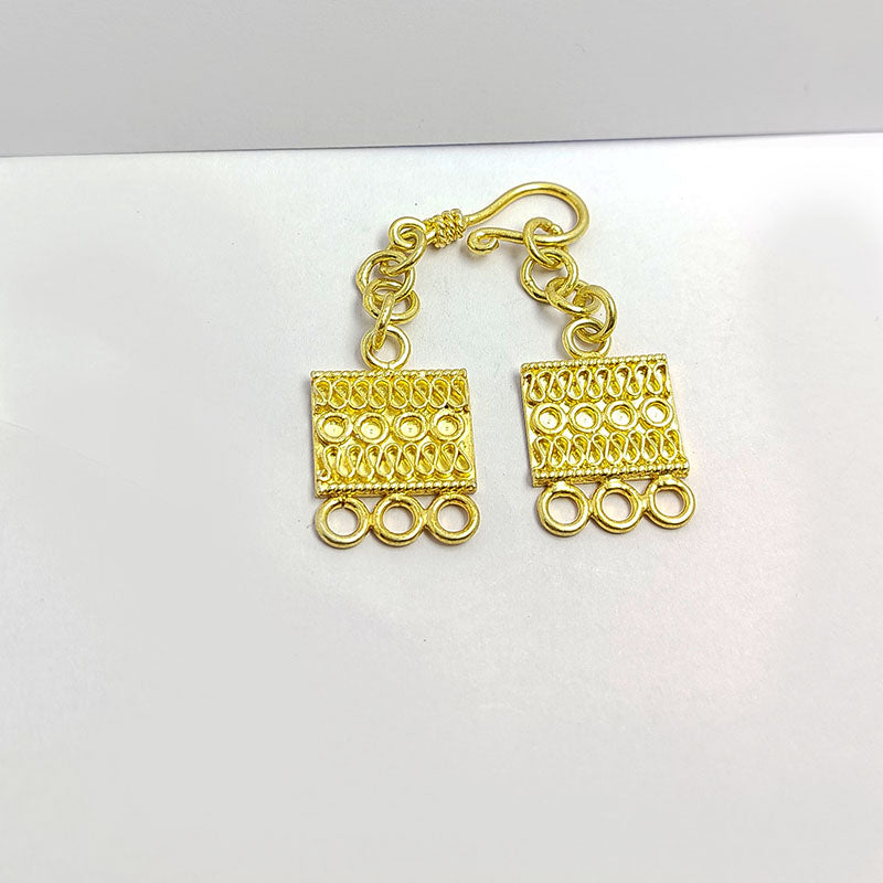 Engraved multi strand clasp with 3 holes and hook, 18K Gold Overlay Over Copper, handcrafted in India for necklaces and bracelets.