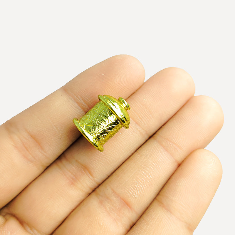 Engraved cylindrical bead end cap with 18K Gold Overlay Over Copper, handcrafted in India for elegant jewelry designs.