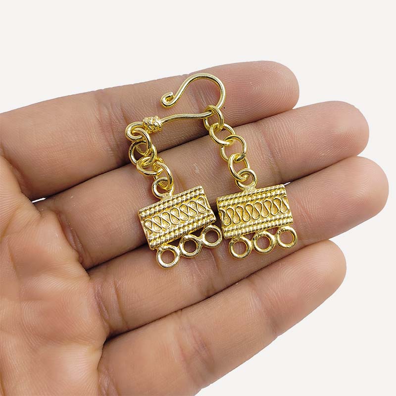 Multi strand clasp with 3 holes, hook closure, and chain extender, 18K Gold Overlay Over Copper, handcrafted in India for necklaces and bracelets.