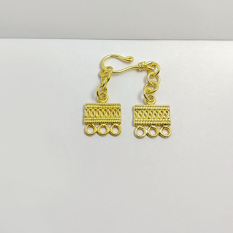 Multi strand clasp with 3 holes, hook closure, and chain extender, 18K Gold Overlay Over Copper, handcrafted in India for necklaces and bracelets.