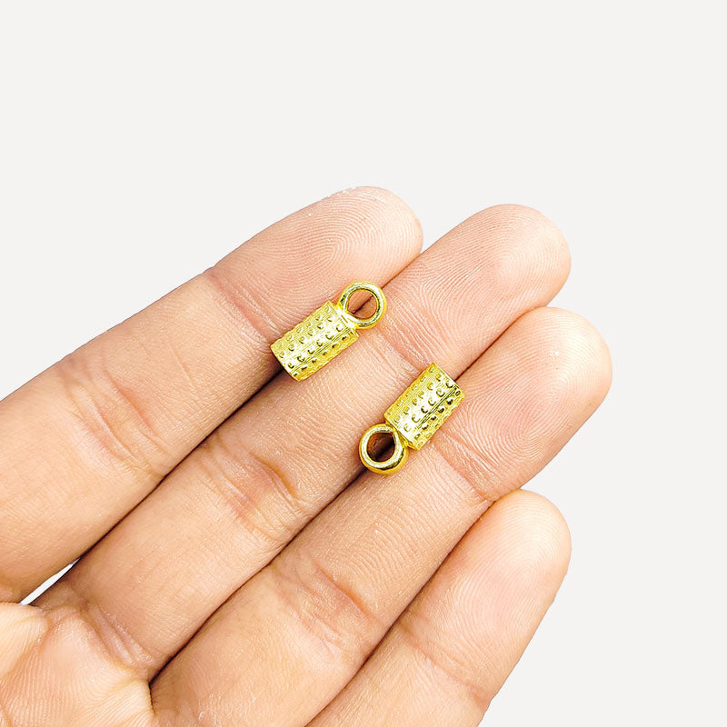 Handcrafted 18K Gold Overlay Over Copper textured cylindrical end caps with loop from India for DIY jewelry designs
