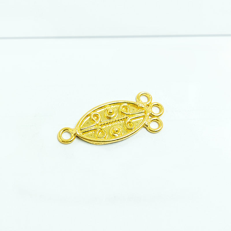 Handcrafted 18K Gold Overlay Over Copper decorative oval connector with 3 loops from India for DIY jewelry designs