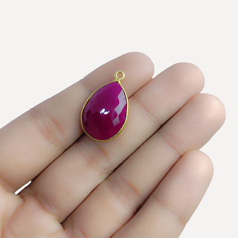 Handcrafted 18K Gold Overlay Over Copper faceted teardrop Red Chalcedony Quartz charm from India for DIY jewelry designs