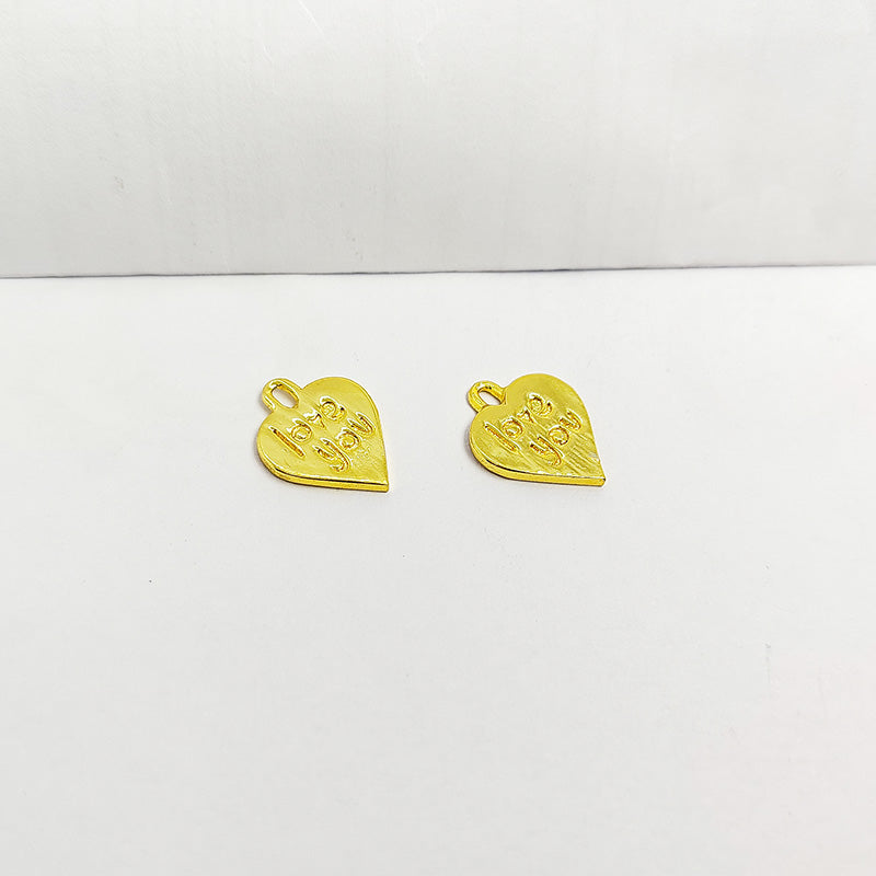 Luxury heart shape Love You engraved charm in 18K Gold Overlay Over Copper, handcrafted jewelry component from India
