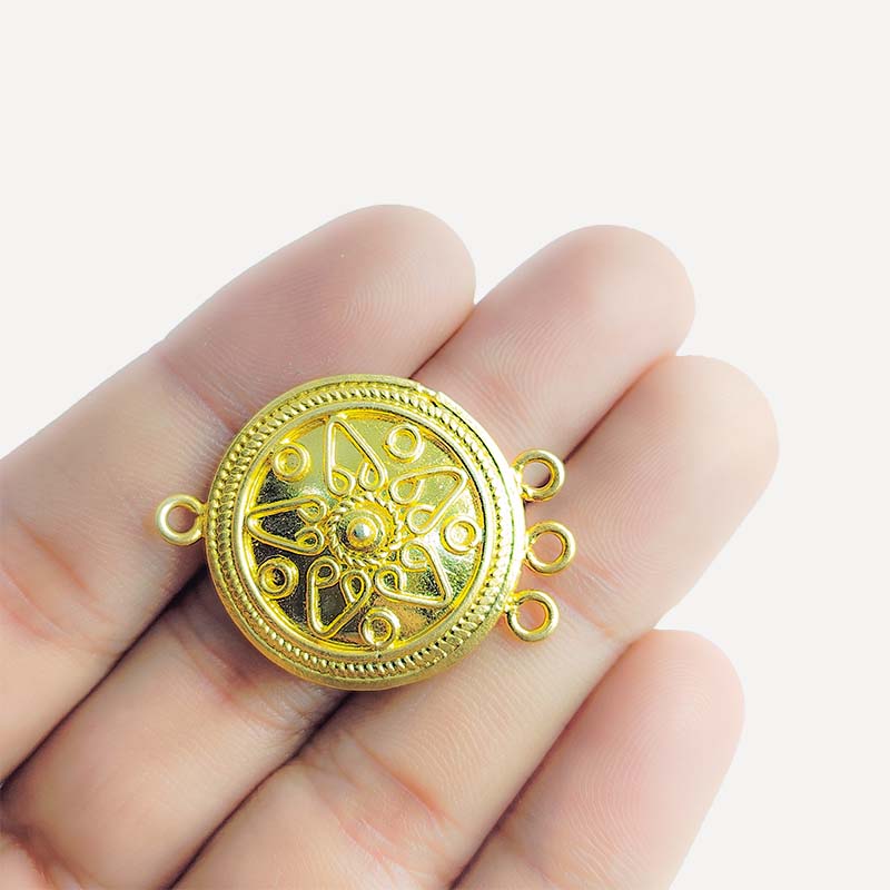Traditional round floral jewelry connectors with 3 holes made in 18K Gold Overlay Over Copper handcrafted in India