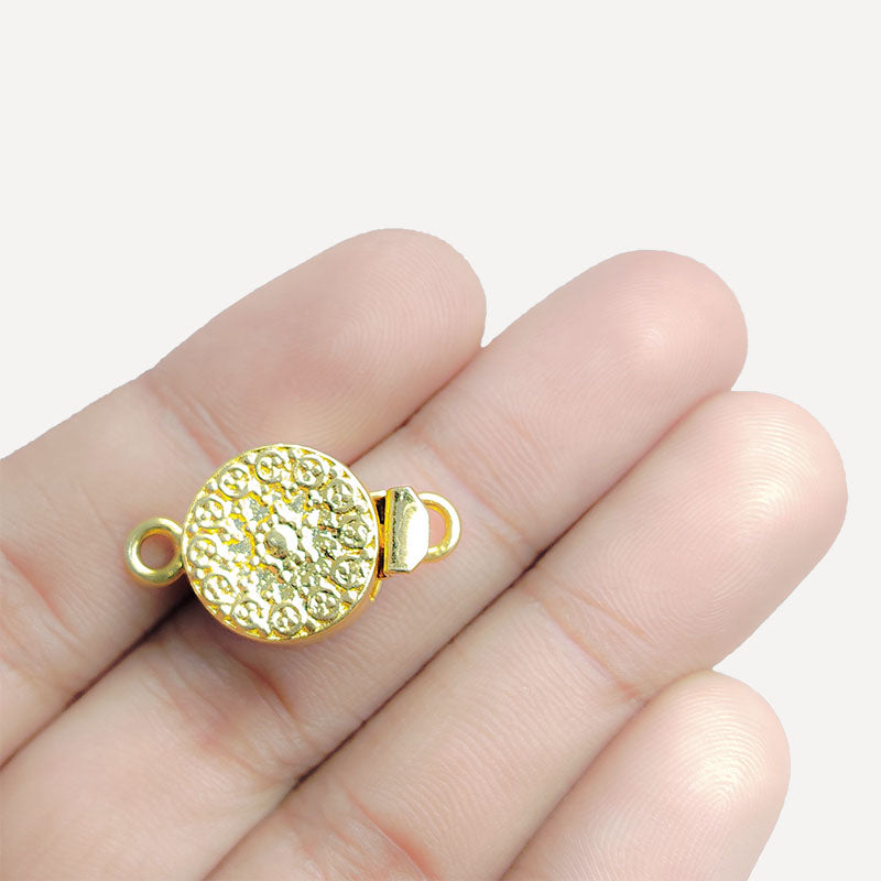 Elegant round studded magnetic clasp with 1 hole, 18K Gold Overlay Over Copper, handcrafted in India.