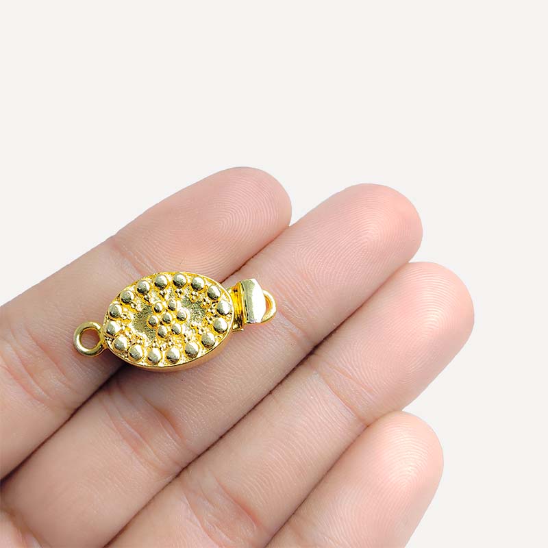 Elegant oval studded magnetic clasp with 1 hole, 18K Gold Overlay Over Copper, handcrafted in India.