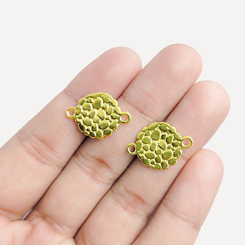 Elegant round pebble texture connector charm with 2 hole, 18K Gold Overlay Over Copper, handcrafted in India.