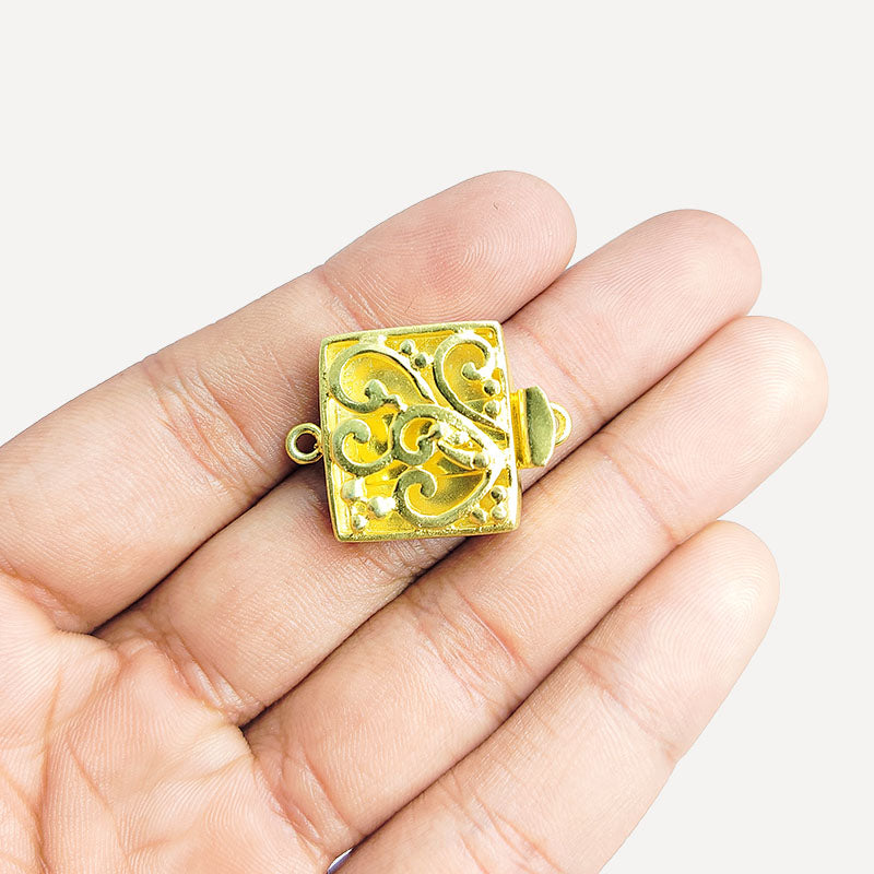 Ornate square jewelry clasp crafted with 18K Gold Overlay Over Copper, handcrafted decorative closure from India.
