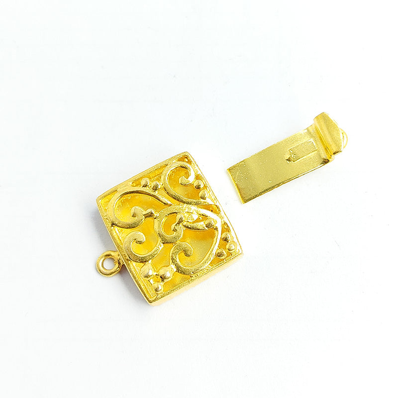 Ornate square jewelry clasp crafted with 18K Gold Overlay Over Copper, handcrafted decorative closure from India.