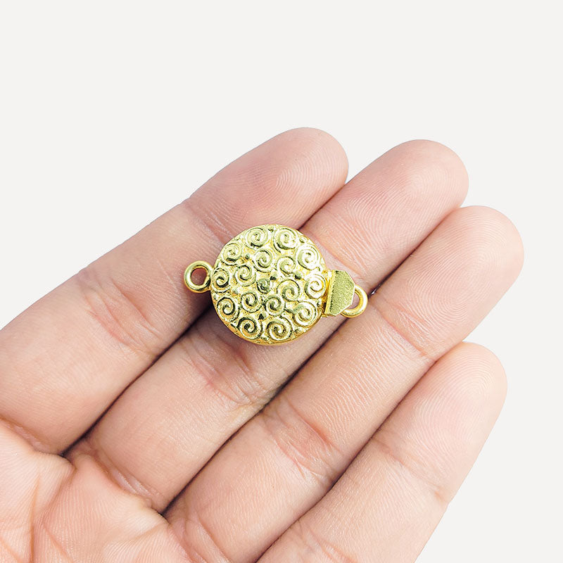 Handcrafted single hole multi strand filigree clasp in 18K Gold Overlay Over Copper from India for elegant necklaces and bracelets.