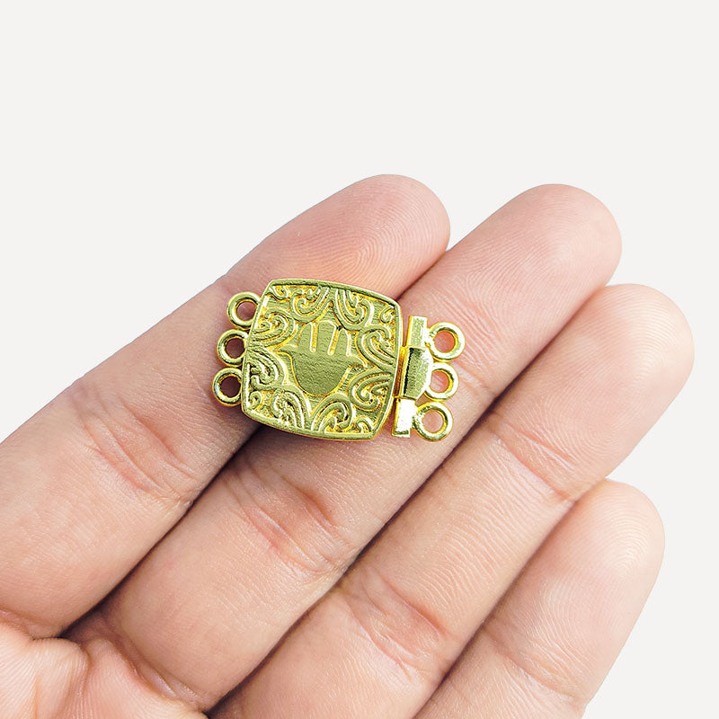 Handcrafted hand motif multi strand clasp with 3 holes in 18K Gold Overlay Over Copper from India for elegant jewelry designs.