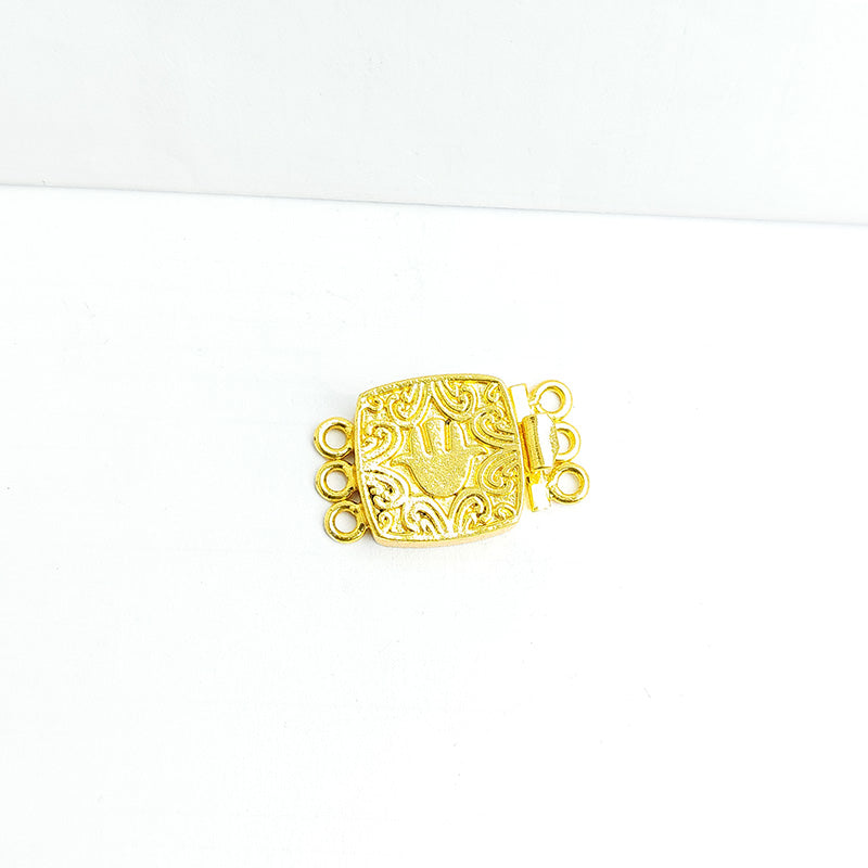 Handcrafted hand motif multi strand clasp with 3 holes in 18K Gold Overlay Over Copper from India for elegant jewelry designs.