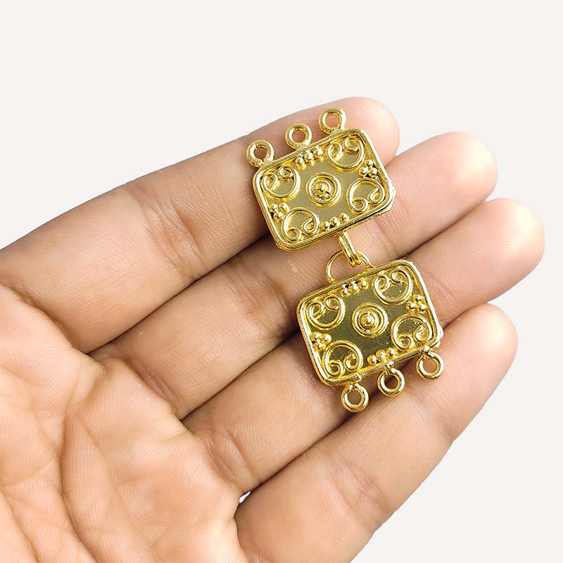 Handcrafted ornate multi strand box clasp with 3 holes in 18K Gold Overlay Over Copper from India for elegant jewelry designs.