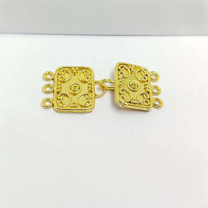 Handcrafted ornate multi strand box clasp with 3 holes in 18K Gold Overlay Over Copper from India for elegant jewelry designs.