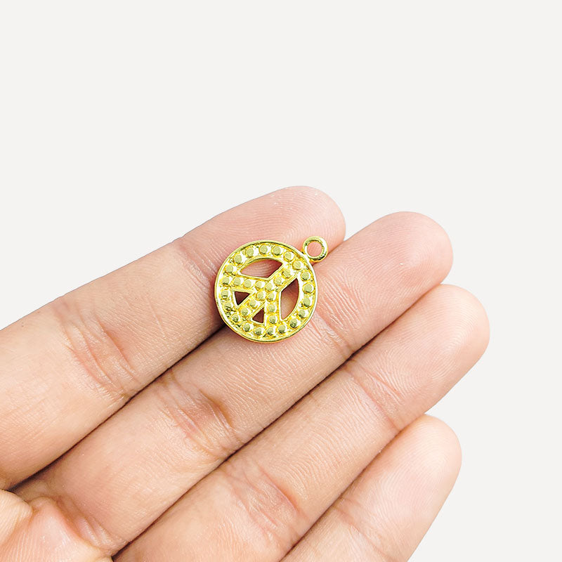 Handcrafted peace symbol charm in 18K Gold Overlay Over Copper from India for meaningful and expressive jewelry designs.