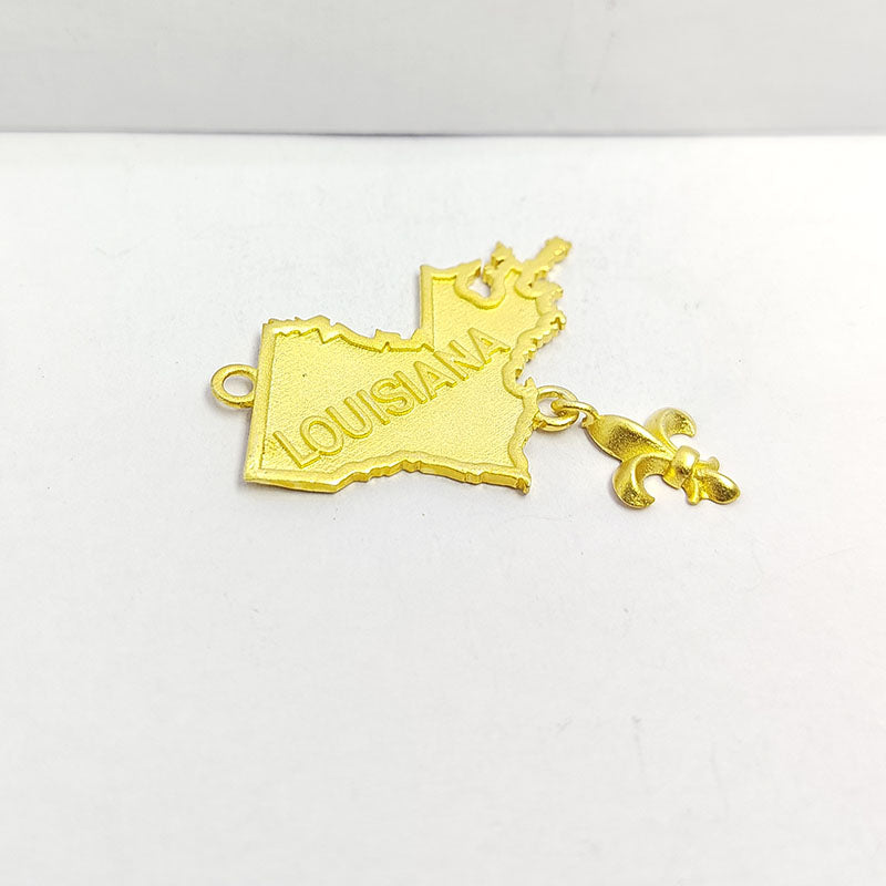 18K Gold Overlay Over Copper Louisiana state outline pendant with fleur-de-lis drop, handcrafted in India gold-tone jewelry