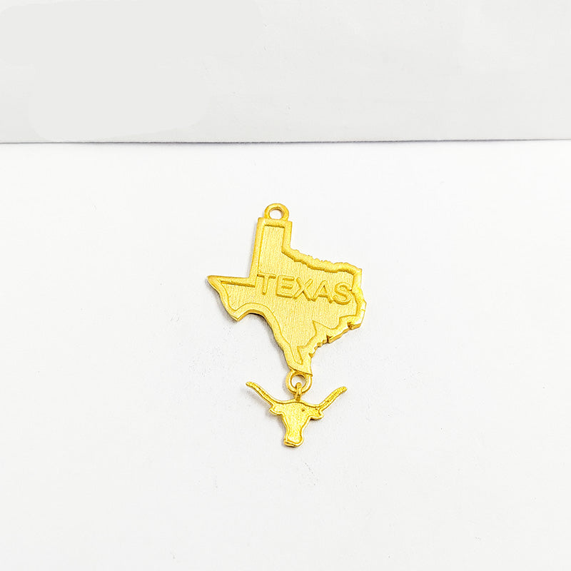 18K Gold Overlay Over Copper Texas state outline pendant with engraved text and longhorn drop, handcrafted in India