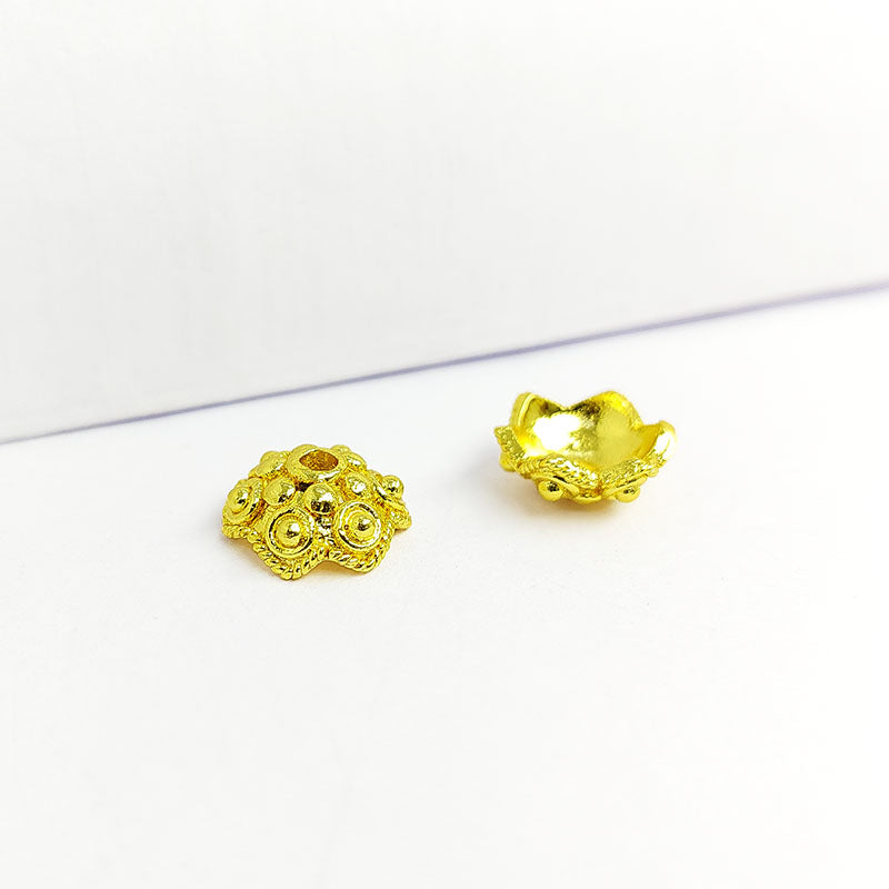 18K Gold Overlay Over Copper floral beaded bead cap with center hole, handcrafted in India jewelry making component