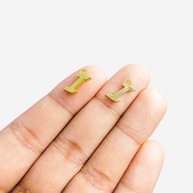 Alphabet I Charm handcrafted in India featuring 18K Gold Overlay Over Copper with minimalist textured finish.