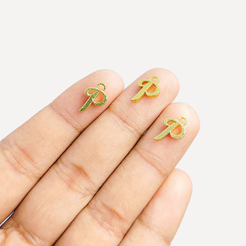 ‘P’ charm handcrafted in India featuring 18K Gold Overlay Over Copper with elegant textured finish.