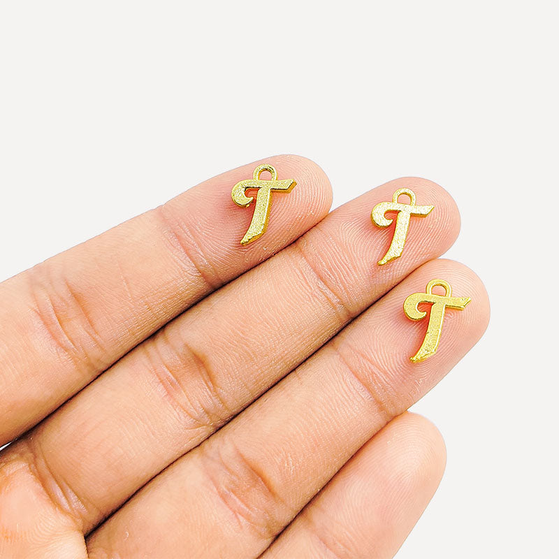 ‘T’ charm handcrafted in India featuring 18K Gold Overlay Over Copper with elegant textured finish.