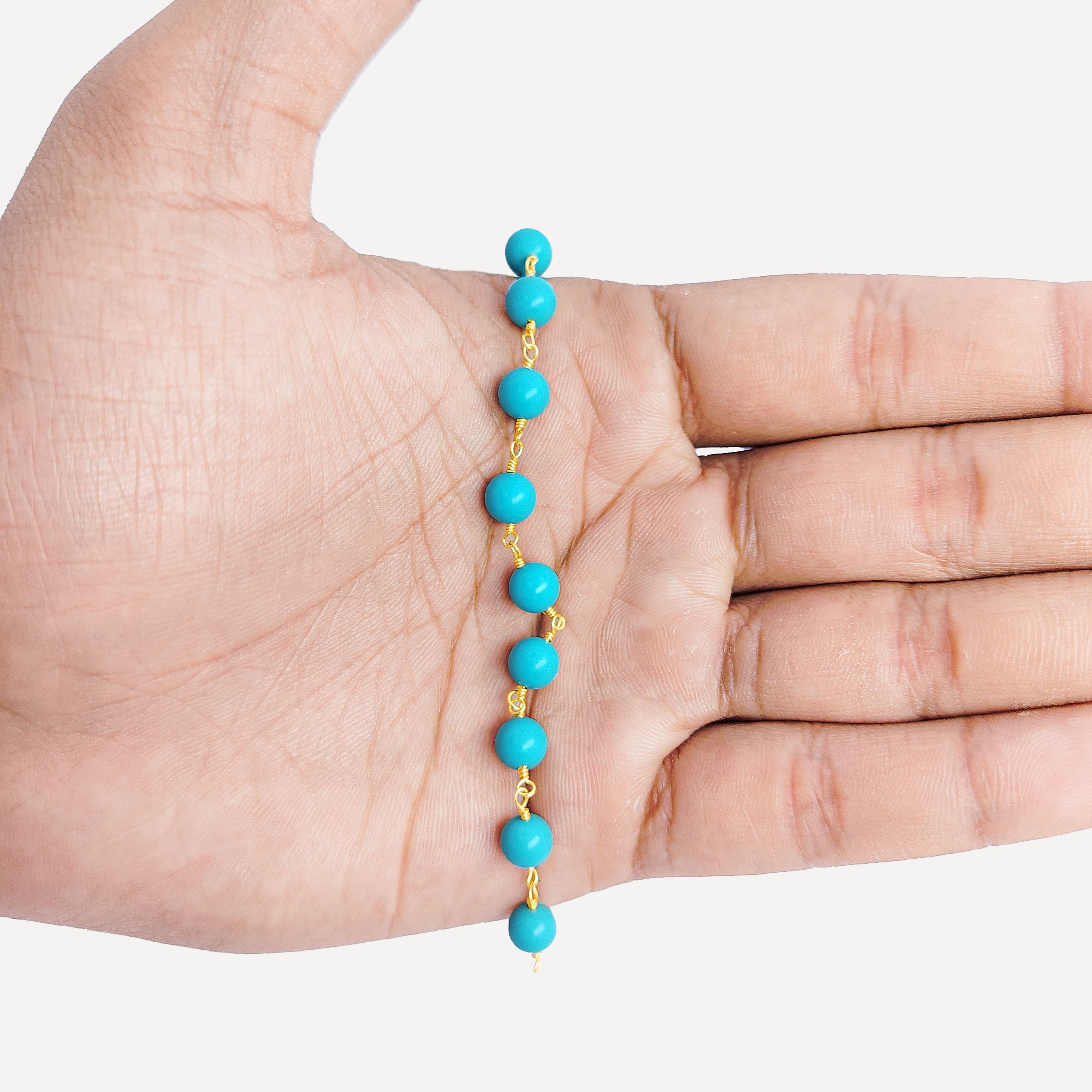 Elegant 18K Gold Overlay Over Copper Turquoise Shell beaded chain with smooth round stones and polished finish suitable for refined jewelry styling