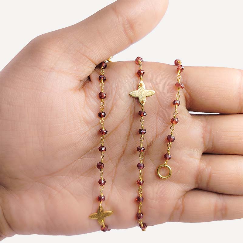 Elegant 18K Gold Overlay Over Copper Red Garnet beaded necklace with polished finish, OM connector, and hook lock for refined everyday styling