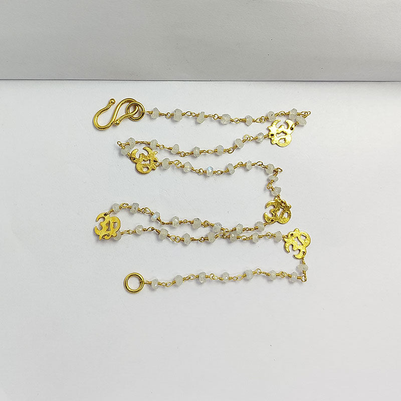 Elegant rainbow moonstone beaded necklace with Om motif accent and smooth 18K Gold Overlay Over Copper designed for everyday and festive wear